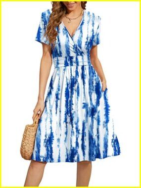 Women's Short Sleeve V-Neck Floral Stretch A-Line Dress with Pockets